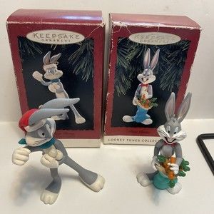 Looney Tunes Hallmark Bugs Bunny W Carrots and BB w Snowballs Ornaments 90's